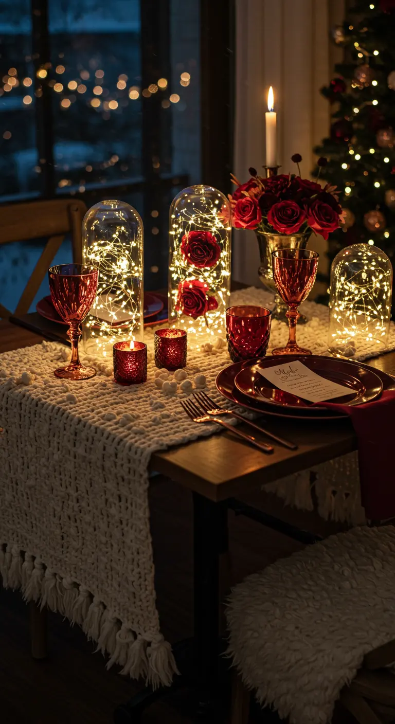 Romantic table with fairy lights and roses under glass cloches on a cream runner.