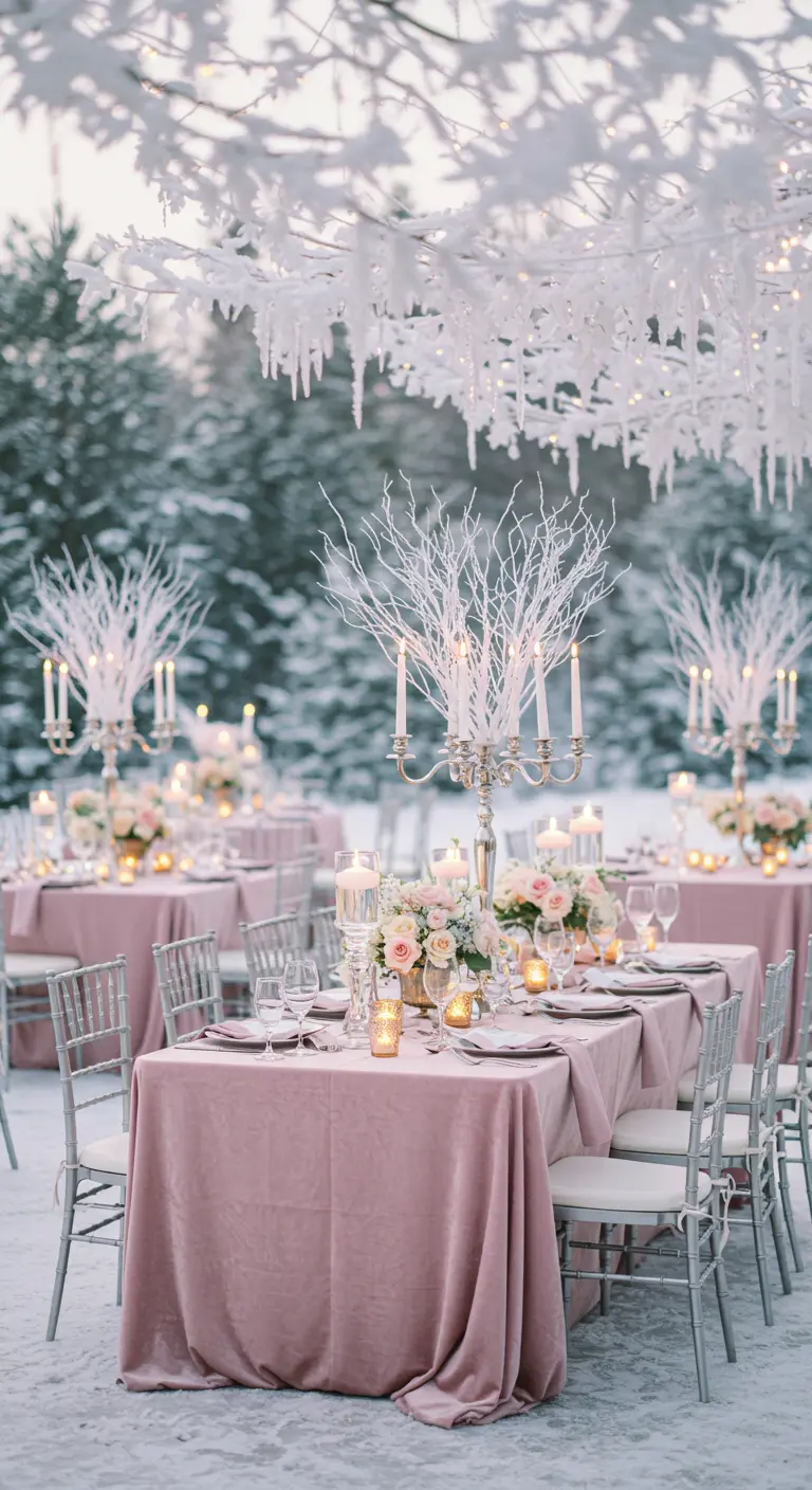 An outdoor winter scene with tables draped in dusty rose velvet and frosted branch centerpieces.