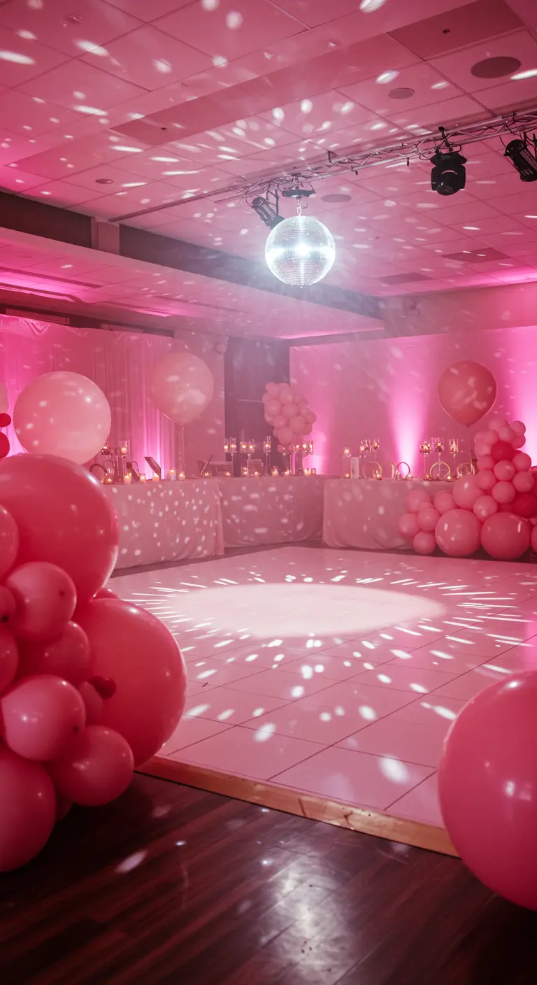 A dance floor bathed in pink light with a disco ball and balloon accents.