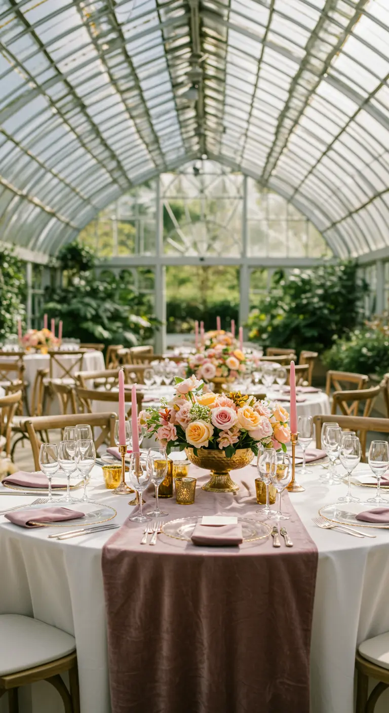 Wedding table in a greenhouse with a dusty rose velvet runner, pink candles, and peach roses.
