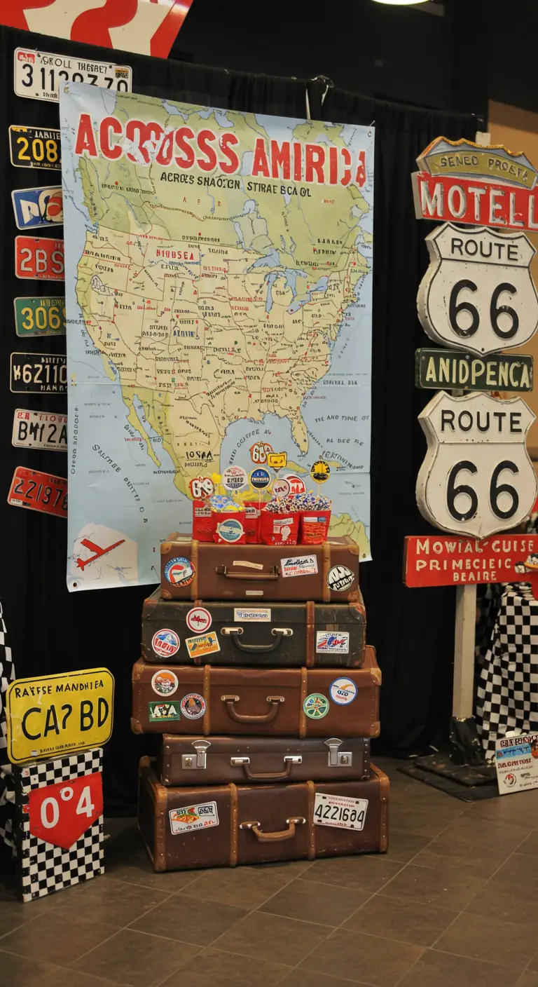 A Route 66 party theme with stacked suitcases and vintage road signs.
