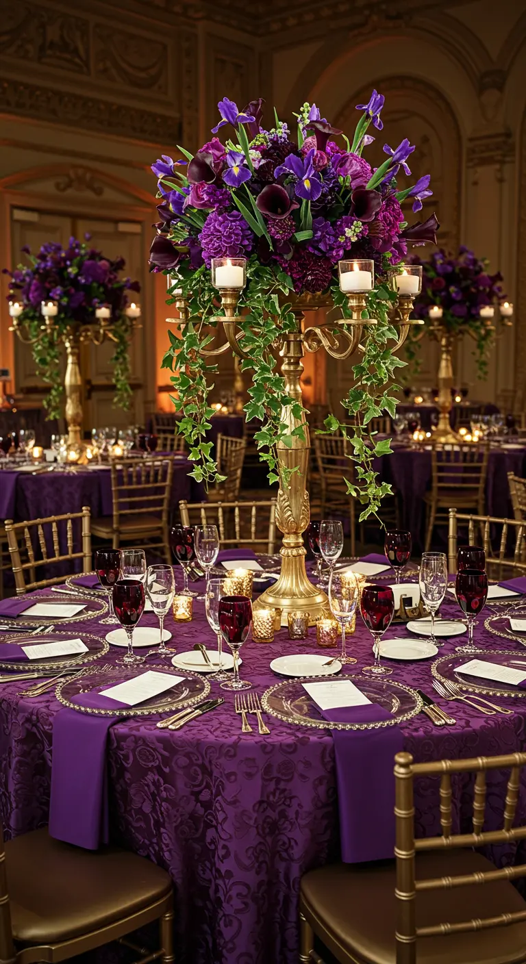 Opulent round table with a purple damask tablecloth and a grand gold candelabra centerpiece.