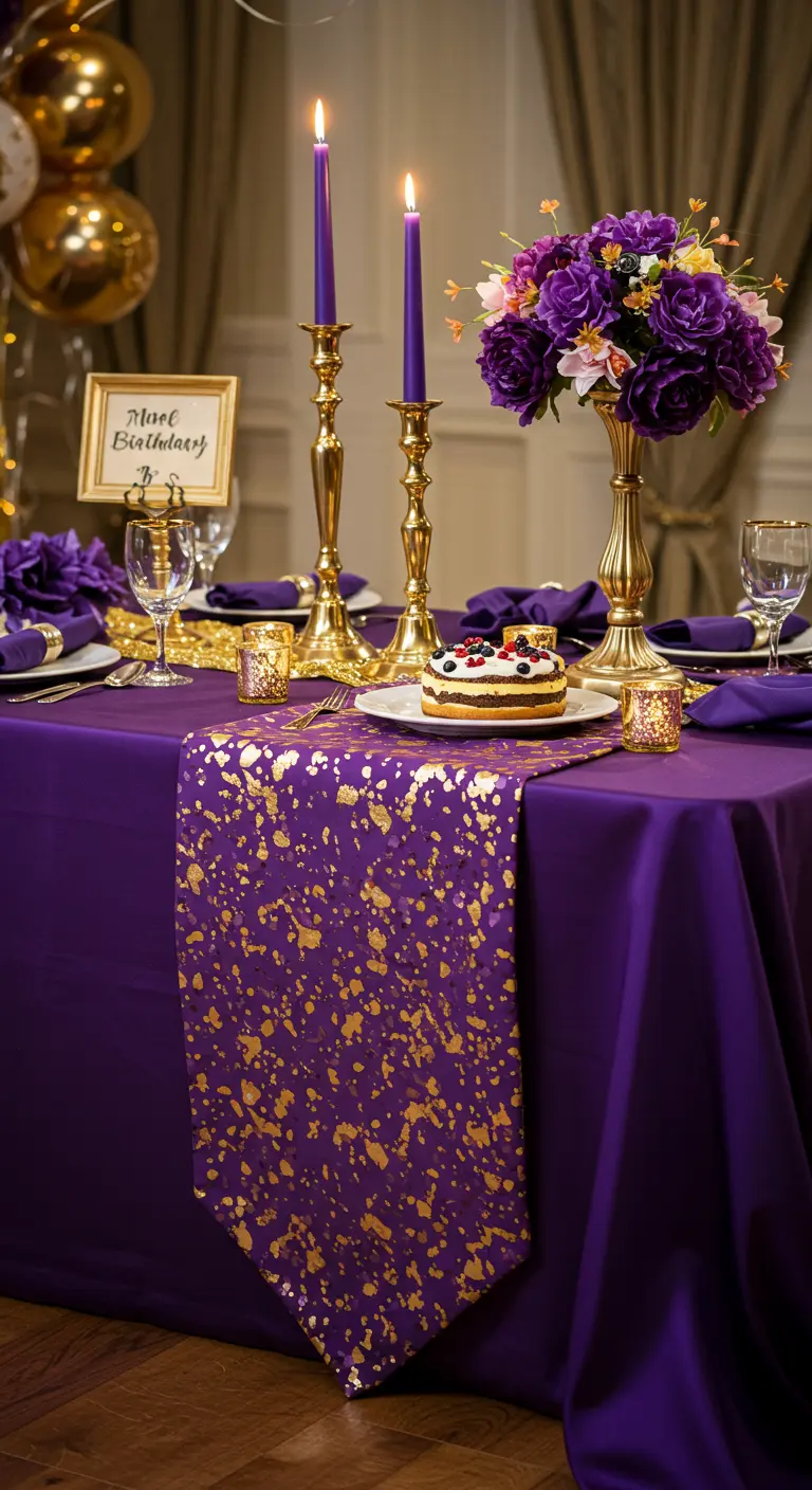 Purple table setting with a gold-splattered runner, purple candles, and purple flowers.