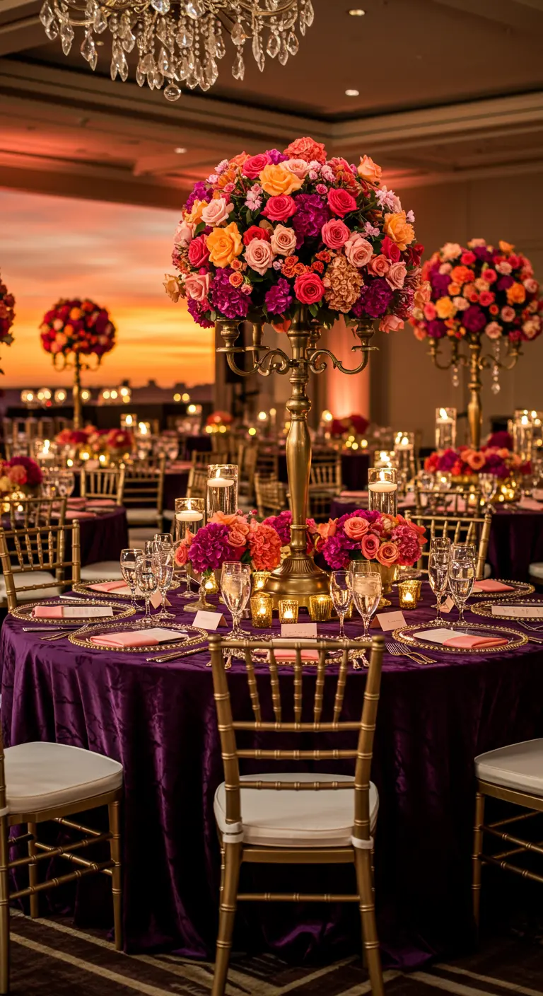 Opulent ballroom table with purple velvet, gold chargers, and vibrant sunset floral centerpieces.