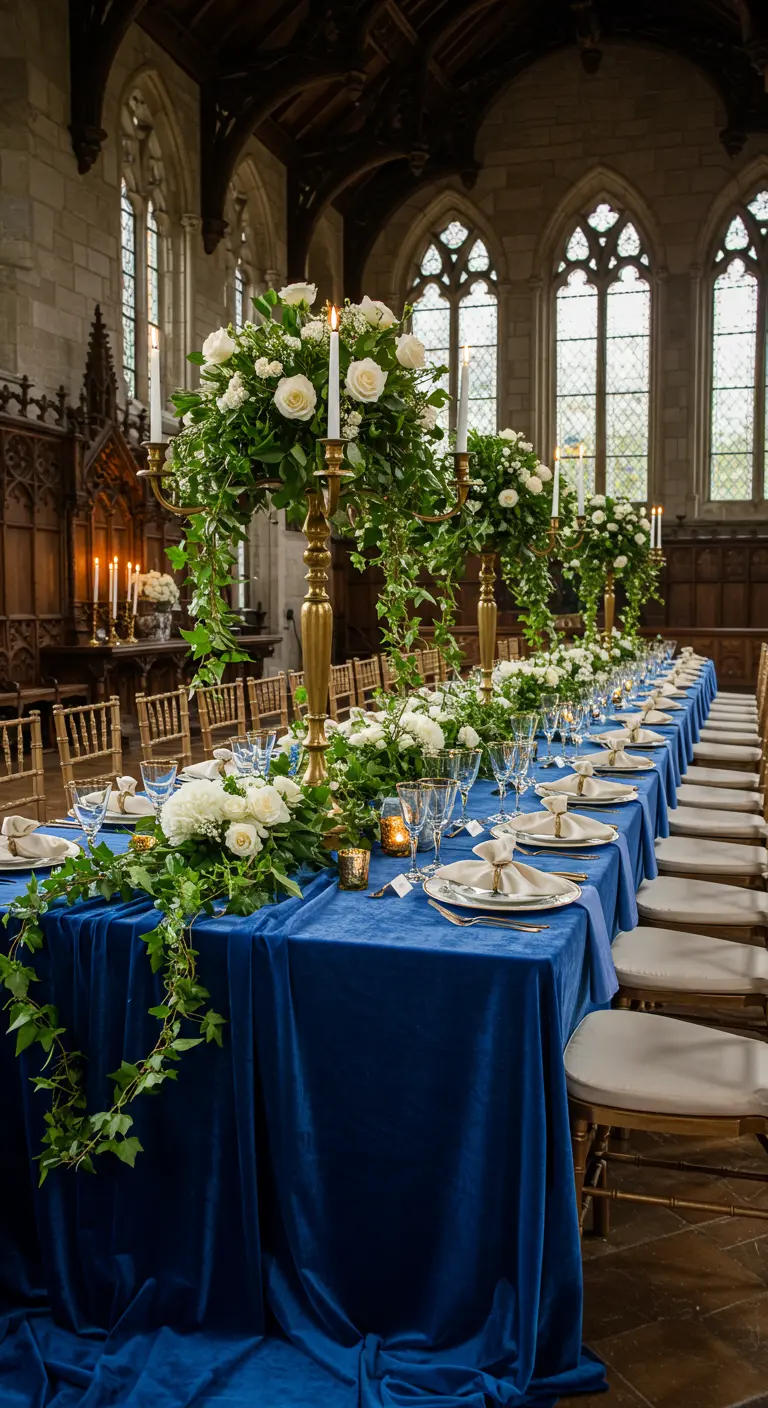 Long formal table with a blue velvet cloth and tall floral centerpieces.