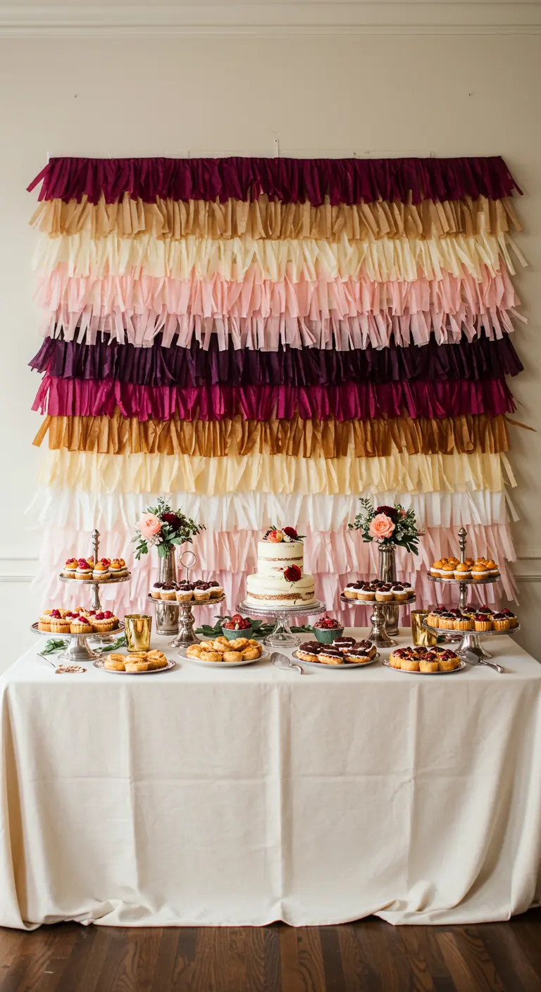 A layered, ruffled crepe paper backdrop in shades of pink, gold, and burgundy behind a dessert table.