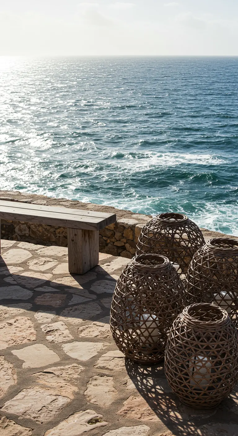 A simple wooden bench on a rocky coastal patio with dark woven lanterns overlooking the sea.