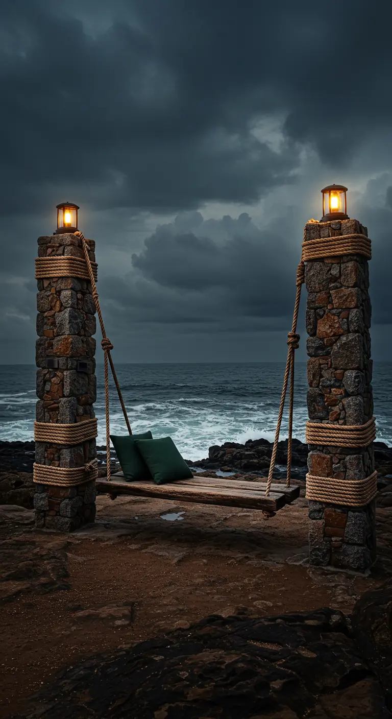 Wooden swing bench between stone pillars with dark cushions overlooking a stormy ocean.