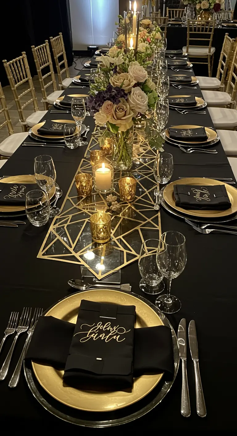 A close-up of a dining table with a mirrored geometric runner, gold chargers, and black napkins.