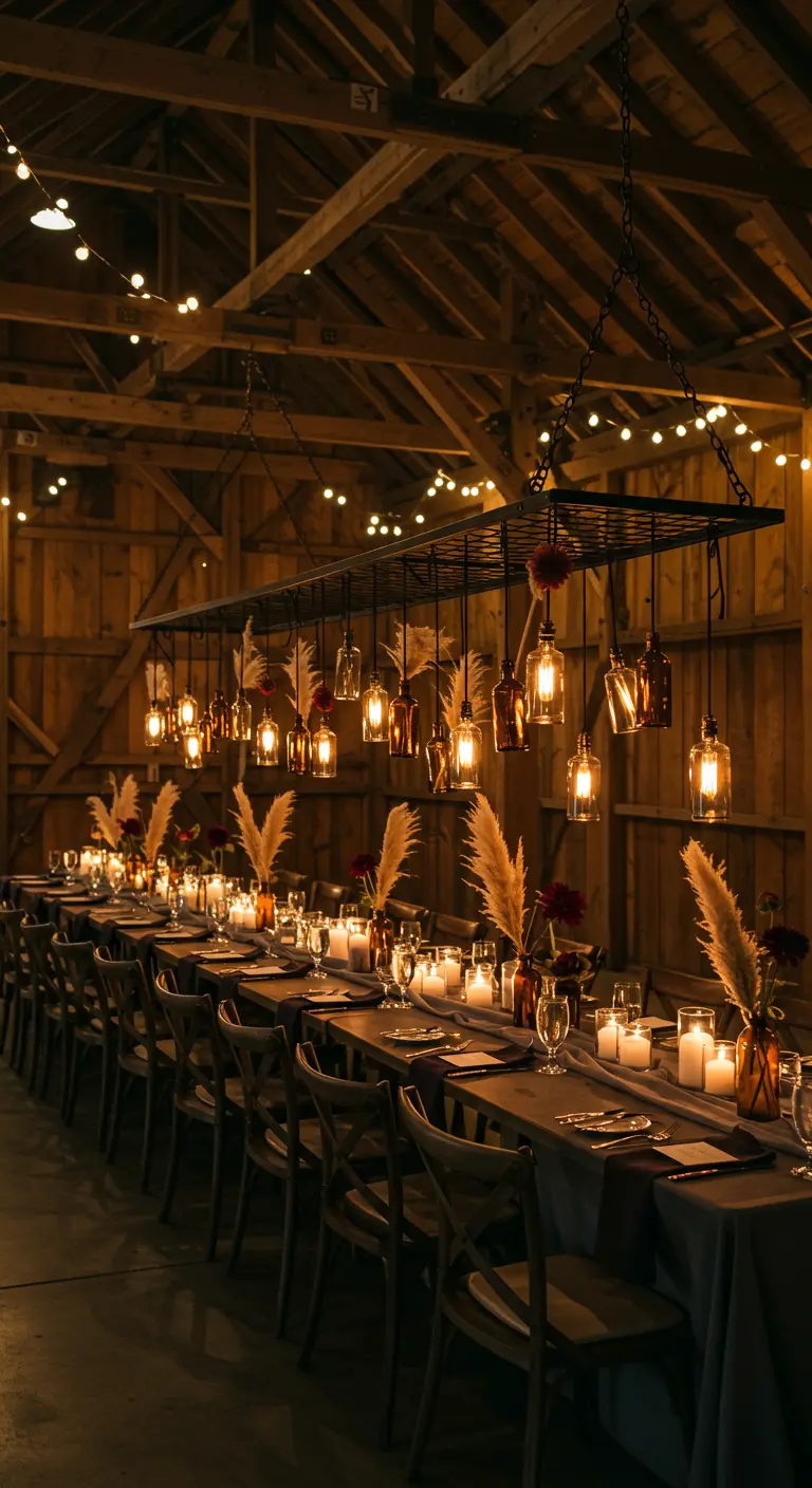 A rustic barn wedding table lit by a hanging fixture of amber bottles and lights.