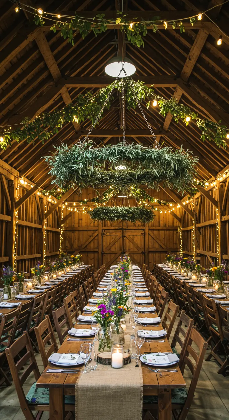 Long banquet tables in a rustic barn with hanging olive wreaths.