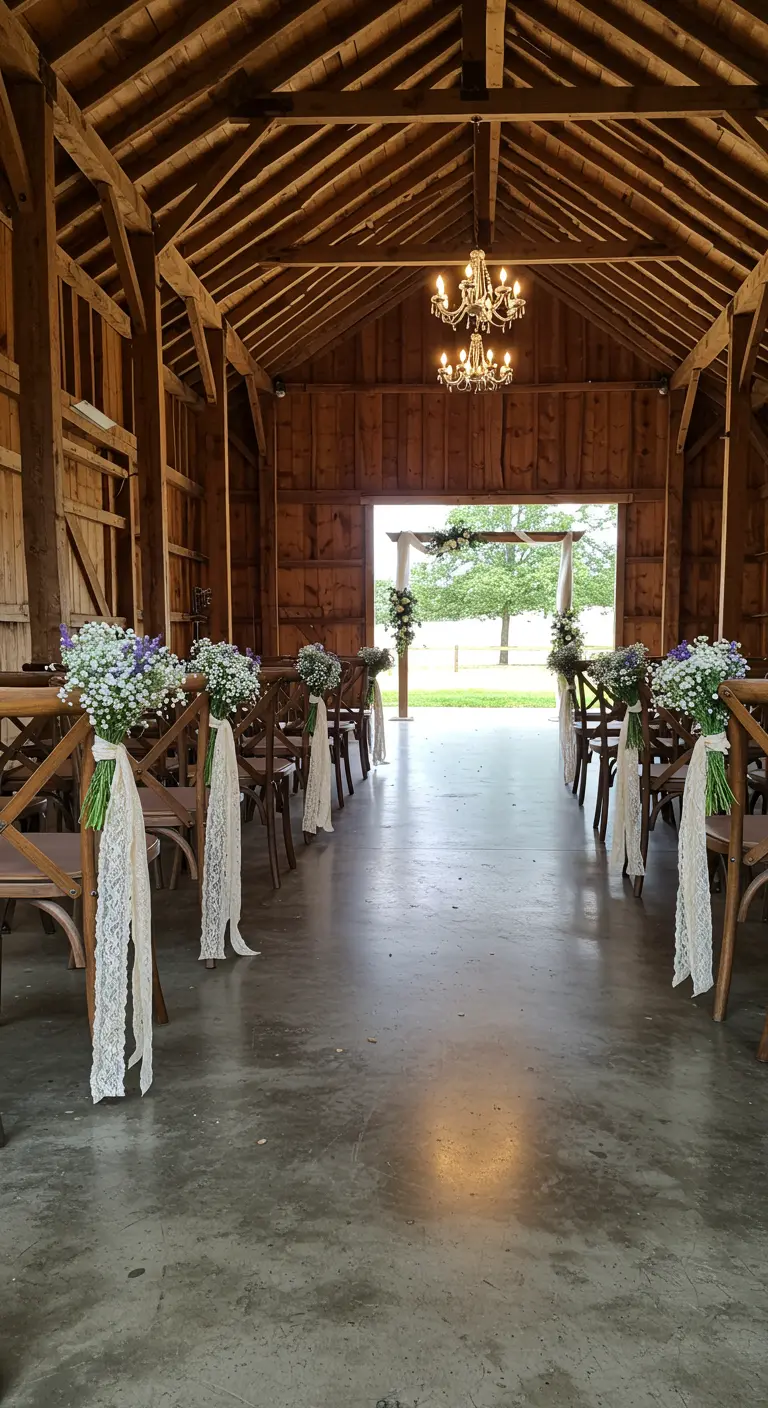 Barn aisle with chairs decorated with baby's breath, lavender, and lace.