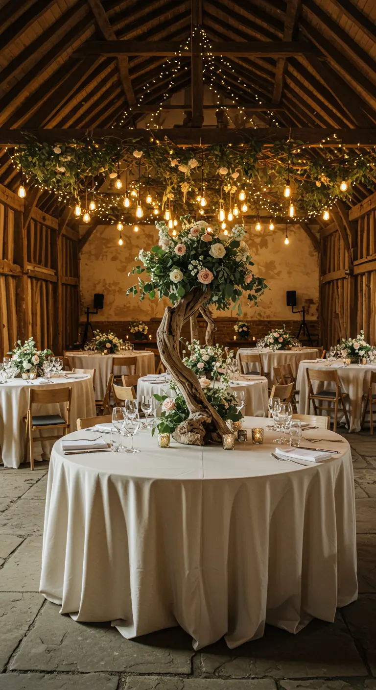 Rustic barn wedding reception with a driftwood and rose centerpiece under glowing fairy lights.