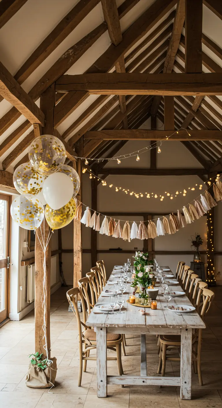 A rustic barn set for a party with a long wooden table, string lights, and gold confetti balloons.