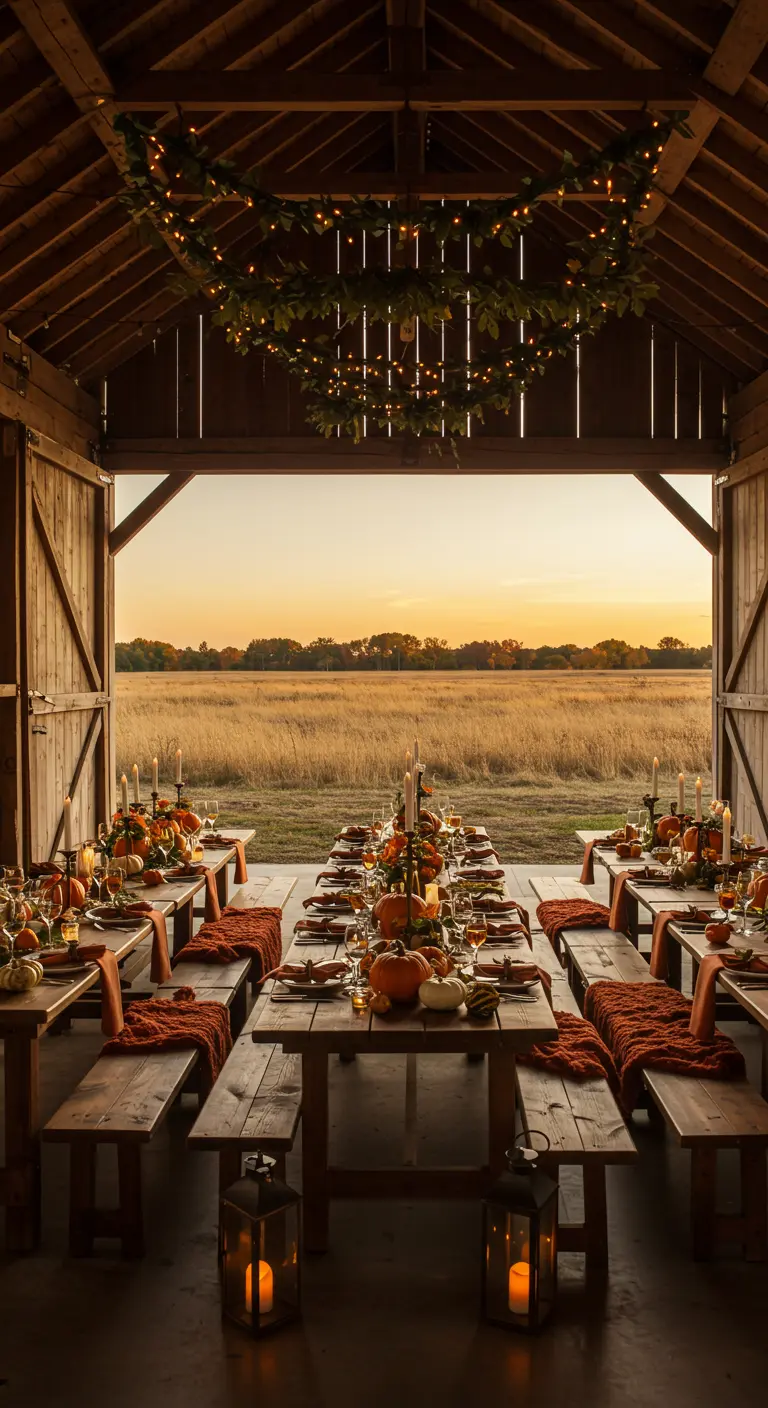 Long harvest tables set inside a barn, looking out to a field at sunset, with a large hanging garland.