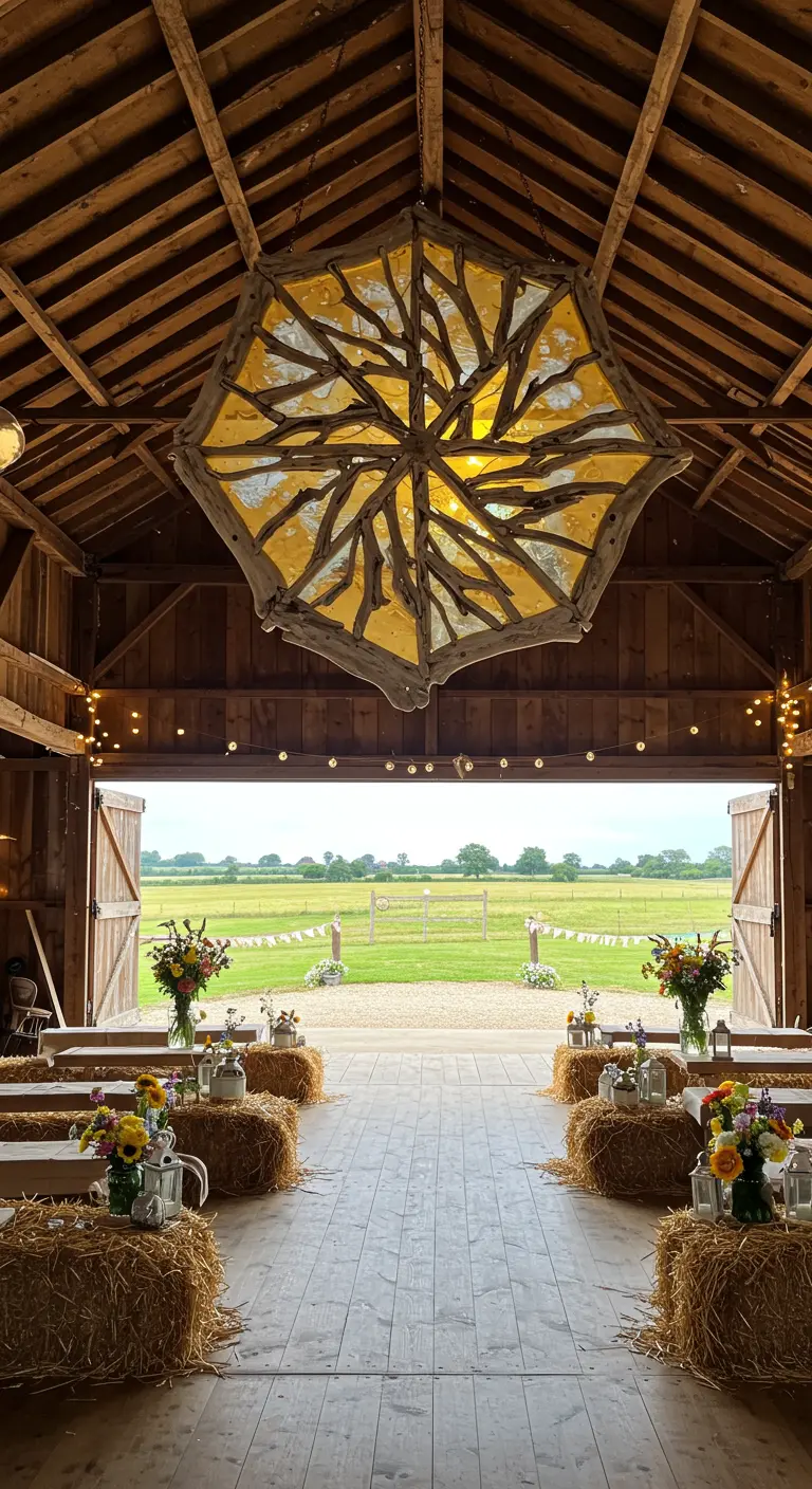 A massive octagonal driftwood and yellow resin chandelier hanging in a rustic wedding barn.