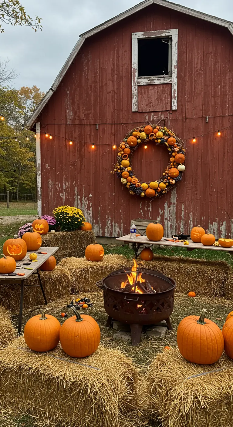Outdoor party by a red barn with a fire pit, hay bale seating, and a giant pumpkin wreath.
