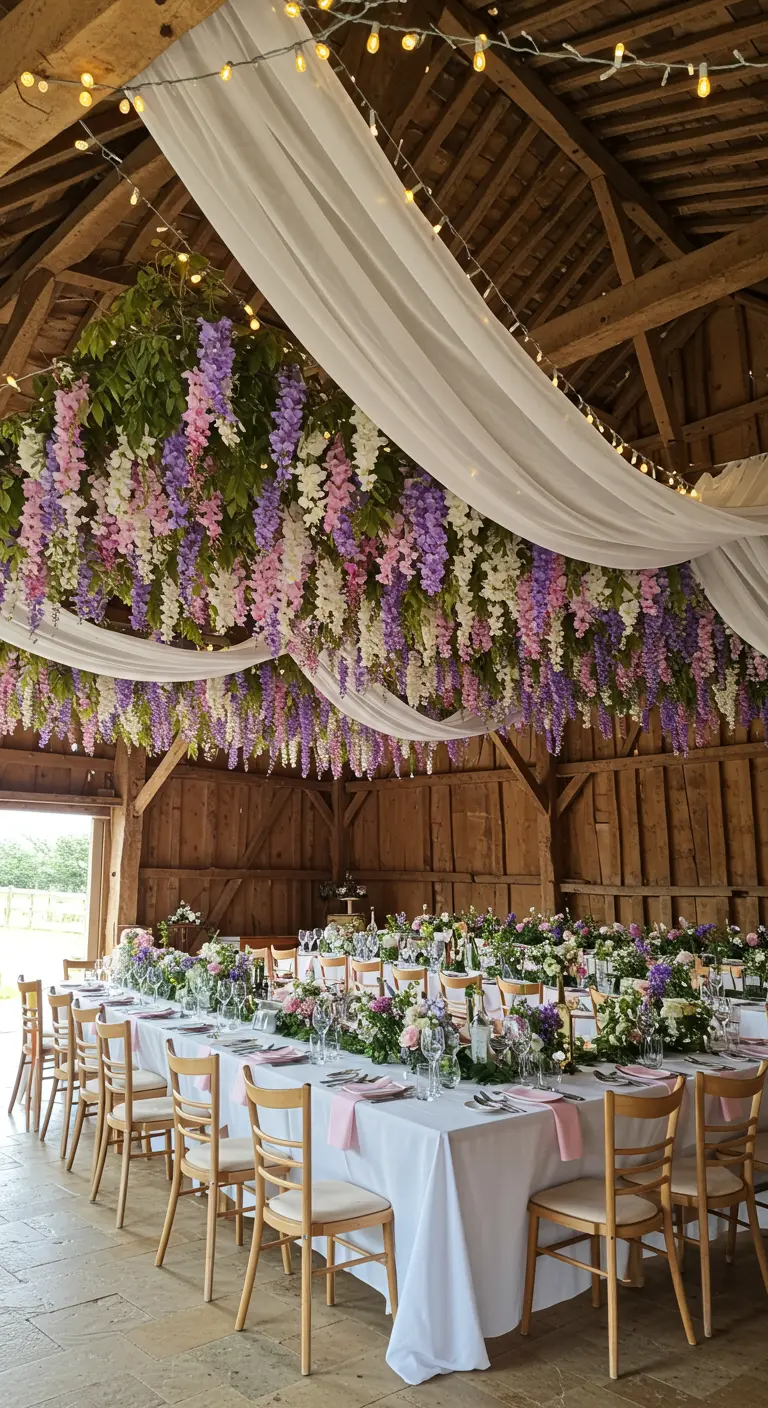 Barn reception with a ceiling covered in wisteria and white drapery.