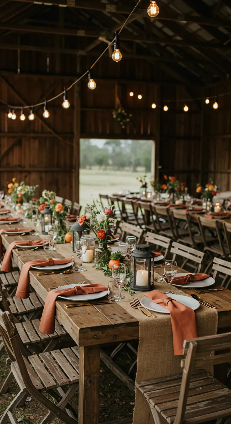 Long wooden tables in a barn with burlap runners and lanterns.