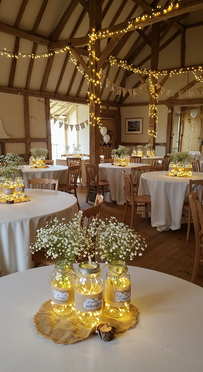 Trio of mason jars with baby's breath and lights on a burlap mat in a barn.