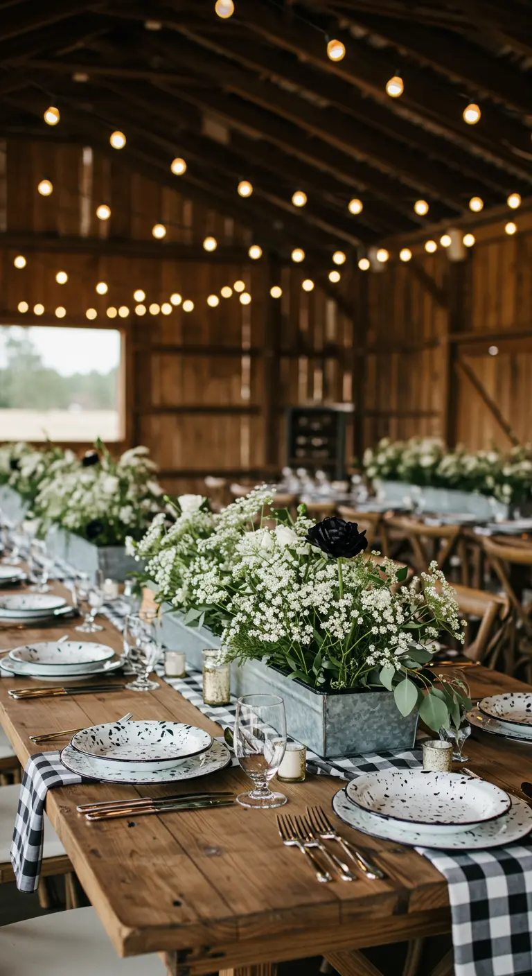 Rustic wooden table in a barn with galvanized planters and speckled plates.