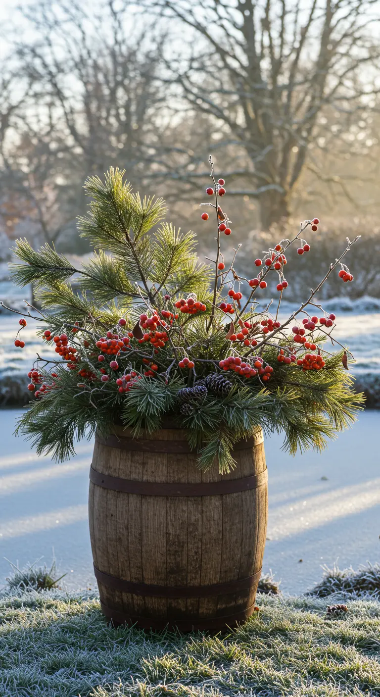 A wooden barrel planter filled with pine boughs and red berries, covered in frost.