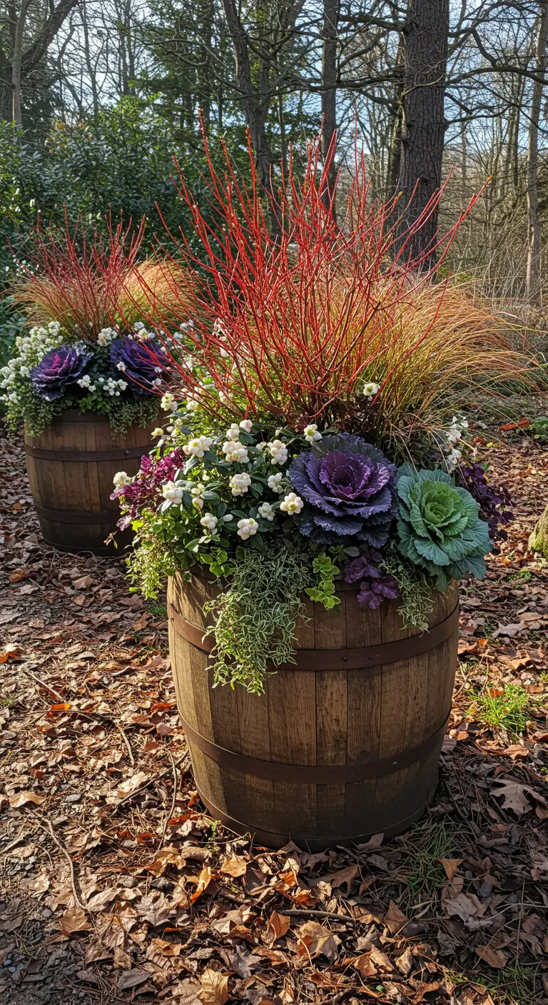 Two oak barrel planters filled with kale, grasses, red dogwood, and snowberries.