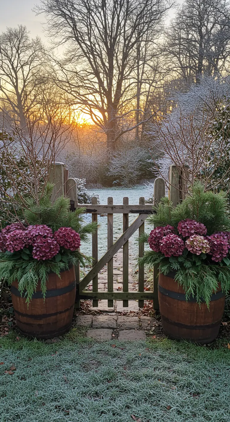 Two rustic barrels with purple hydrangeas and greenery flanking a wooden garden gate at sunrise.