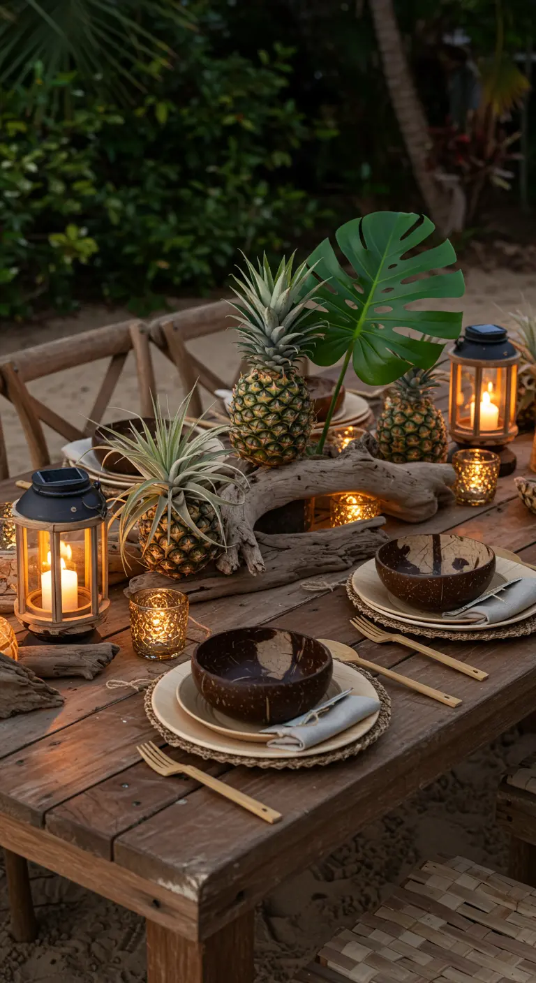 A rustic wooden table with a driftwood centerpiece, coconut bowls, and lanterns