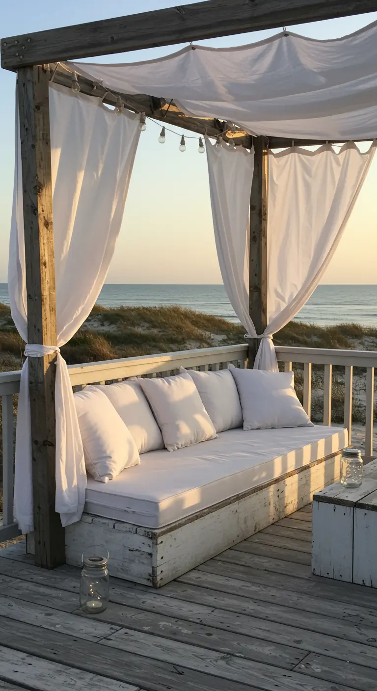 A rustic wooden pergola on a deck with a white daybed and draped fabric, overlooking the beach.