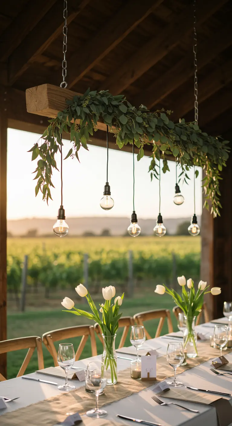 A wooden beam wrapped in eucalyptus with hanging Edison bulbs over a minimalist table setting.