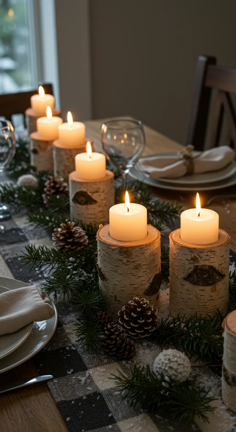 Pillar candles sitting atop birch log sections of various heights on a checkered table runner.