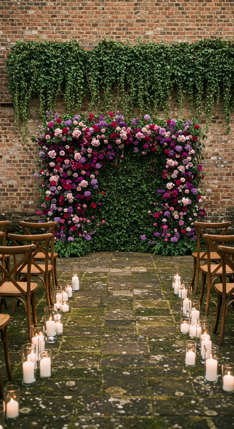 Jewel-toned floral arch against a brick wall with a candle-lit aisle.