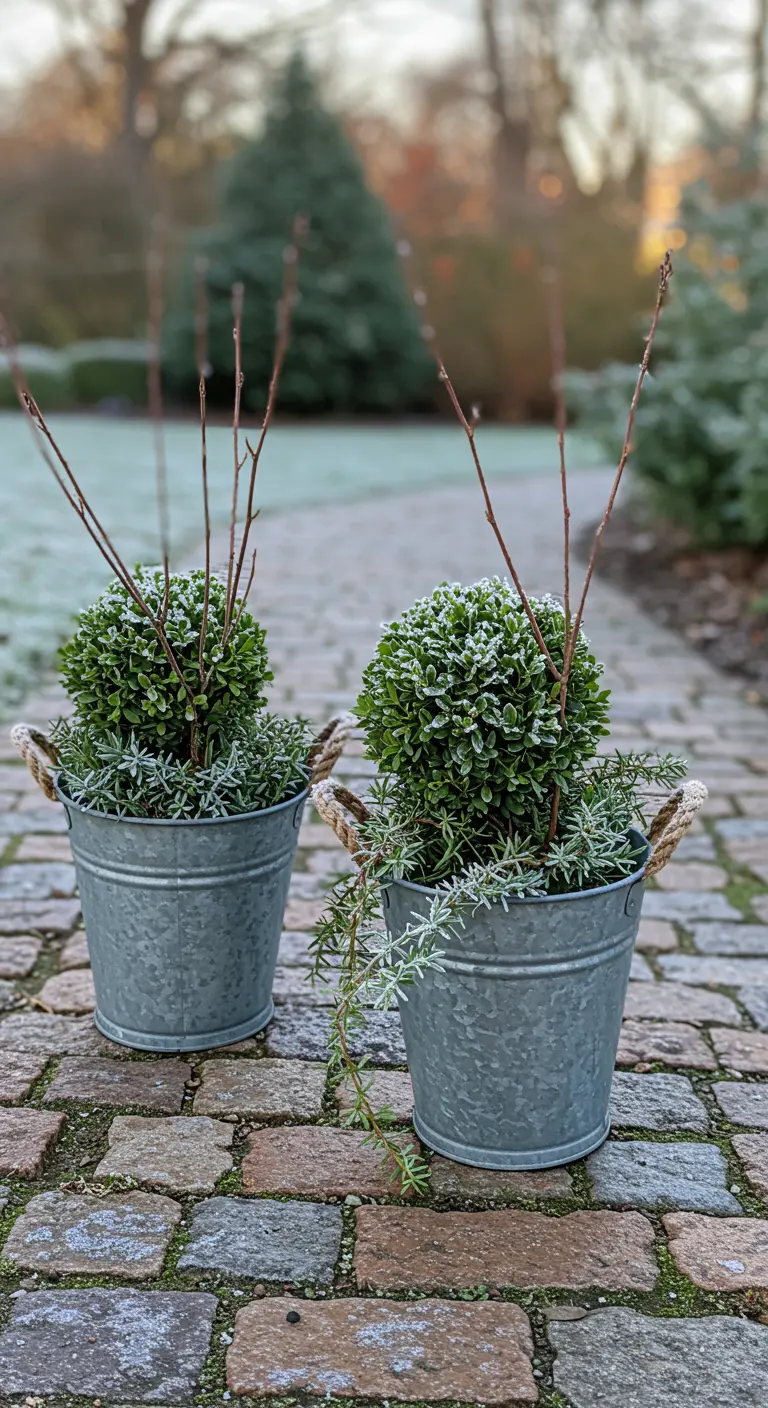 Two galvanized metal buckets with frosted boxwood spheres and twigs on a cobblestone path.