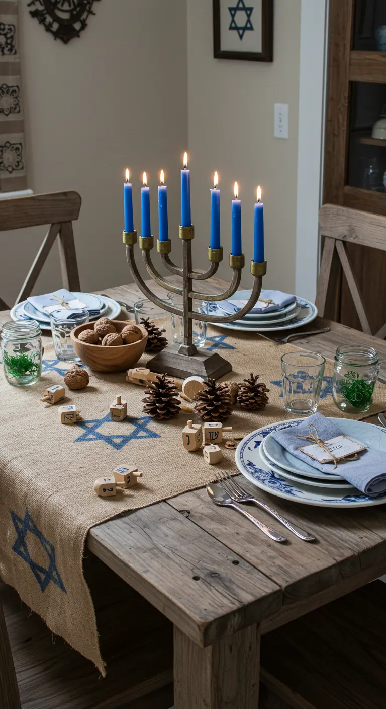 A rustic Hanukkah table with a stenciled burlap runner, wooden dreidels, and a bronze menorah.