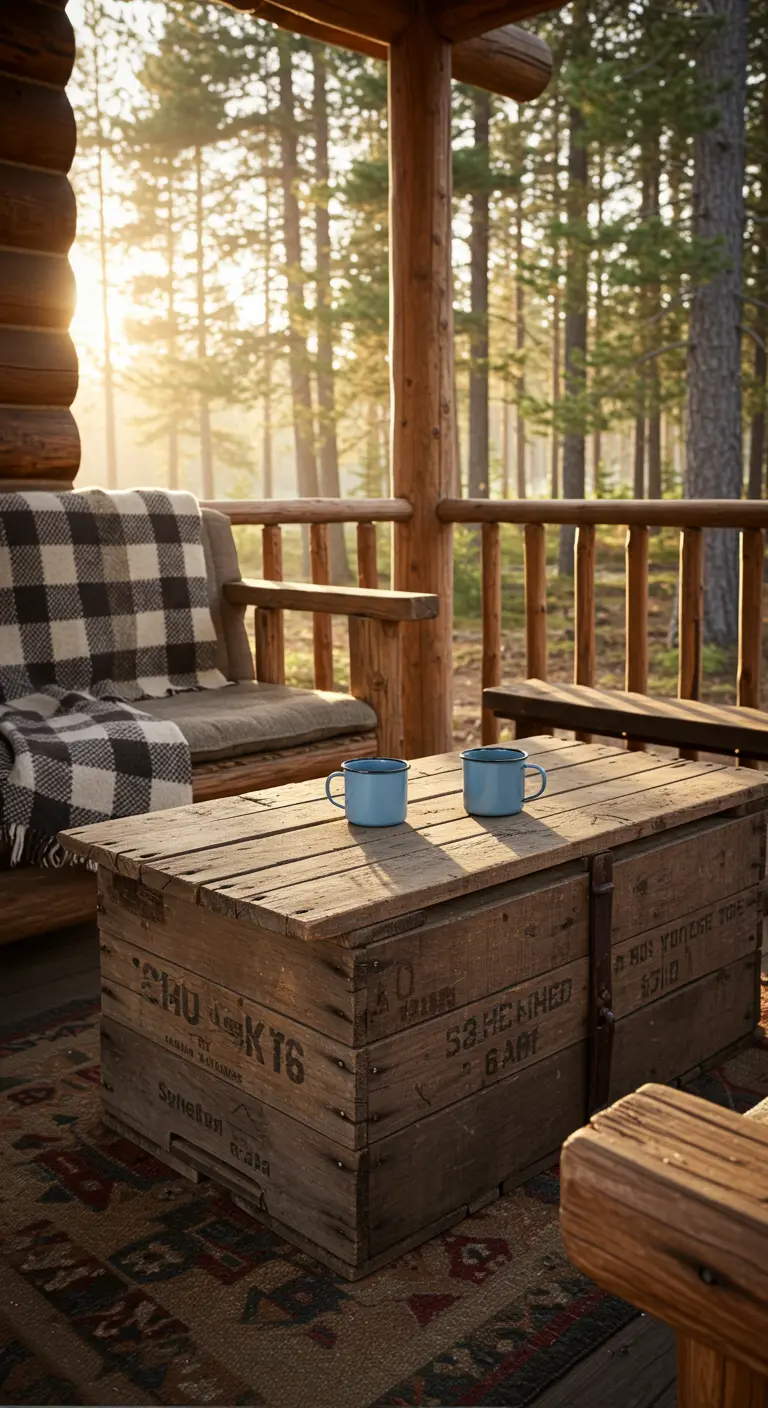 Very rustic crate coffee table on a log cabin porch with a plaid blanket.