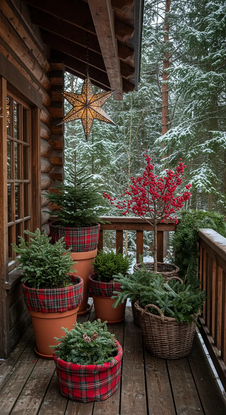 Terracotta planters wrapped in red plaid fabric, holding small evergreen trees on a wooden cabin porch.