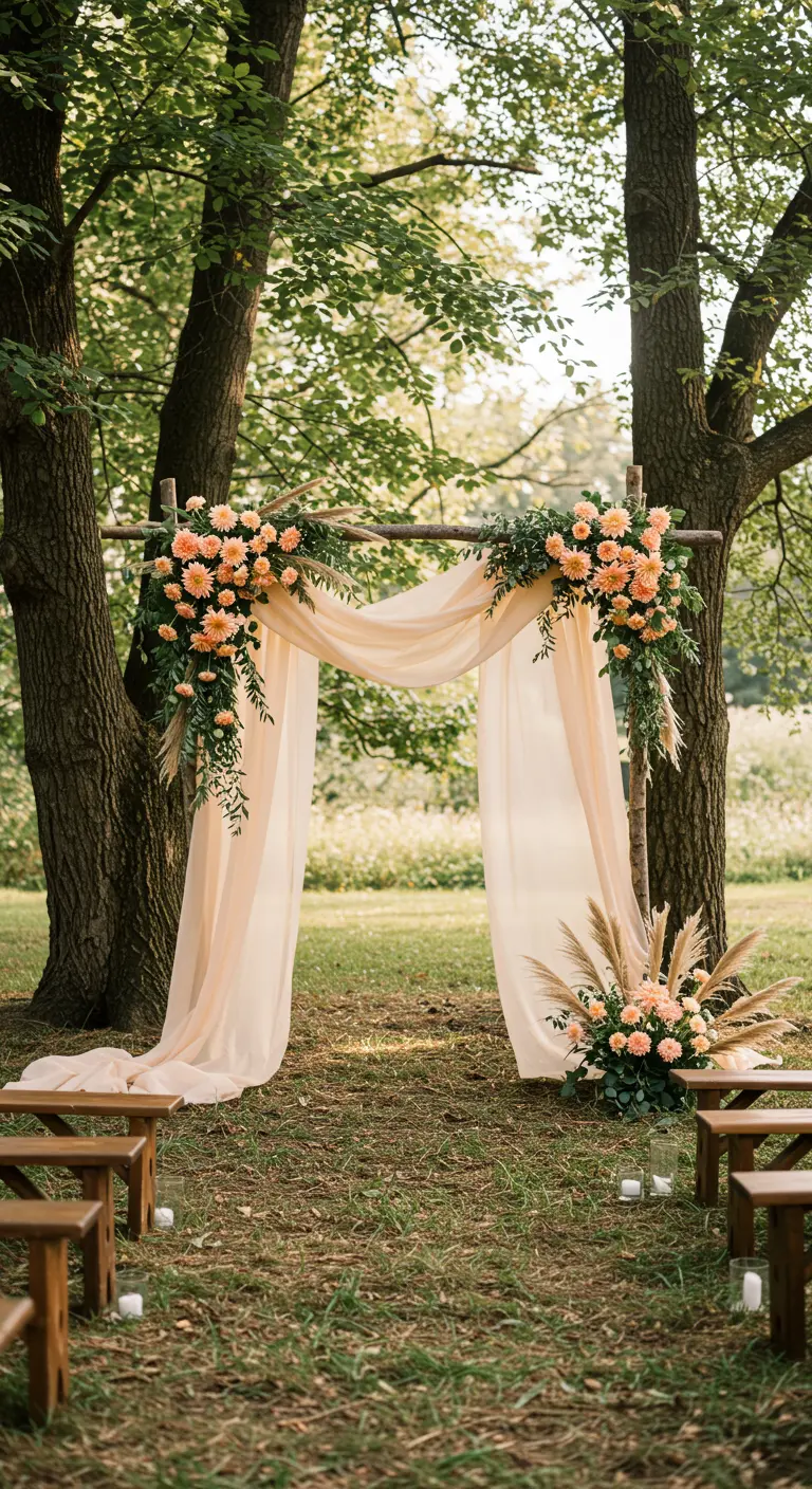 Rustic wedding arch with peach tulle and floral sprays between two trees.