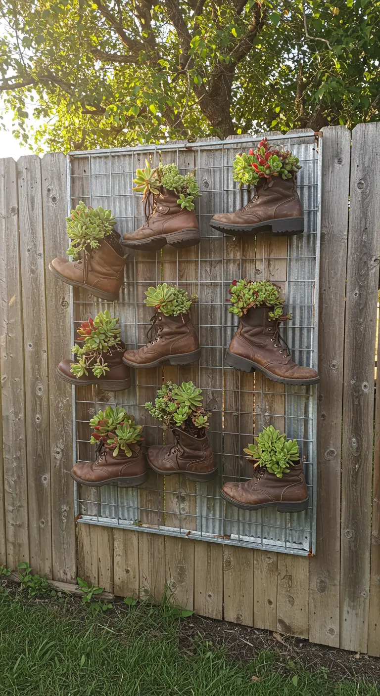 Worn brown hiking boots filled with succulents on a metal trellis against a wooden fence.