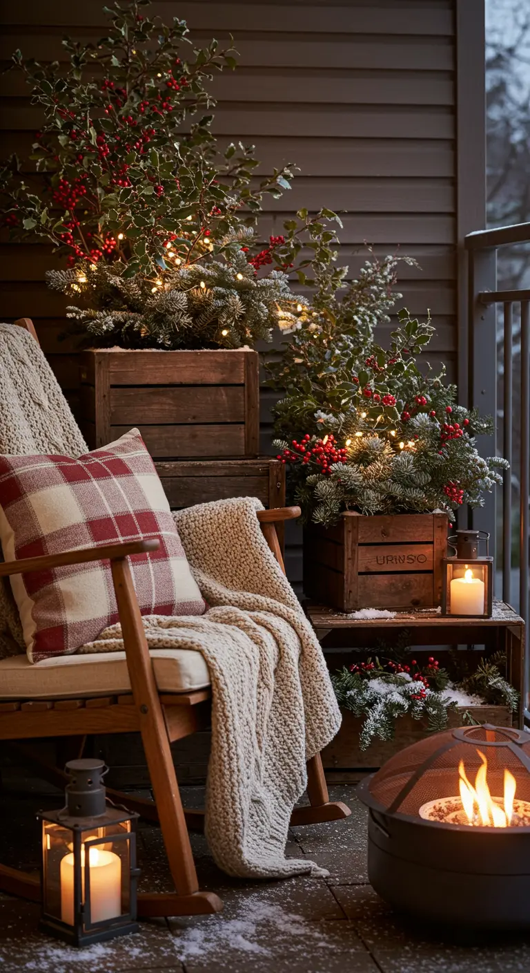 Rustic balcony with a rocking chair, plaid pillow, fire pit, and holly in wooden crates.