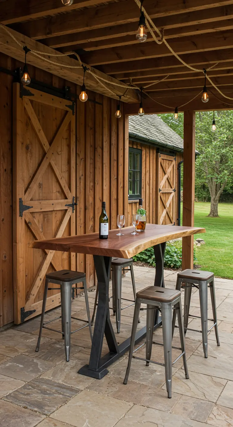 A live-edge wood table with metal stools under a rustic wooden porch.