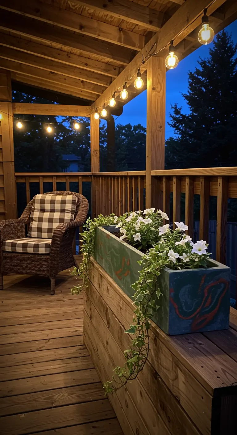 A marbled wooden planter box with white flowers and ivy on a rustic porch at dusk.
