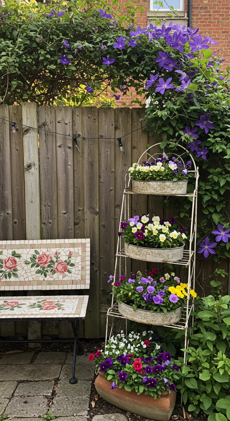 Rose mosaic bench next to a tiered plant stand filled with colorful pansies.