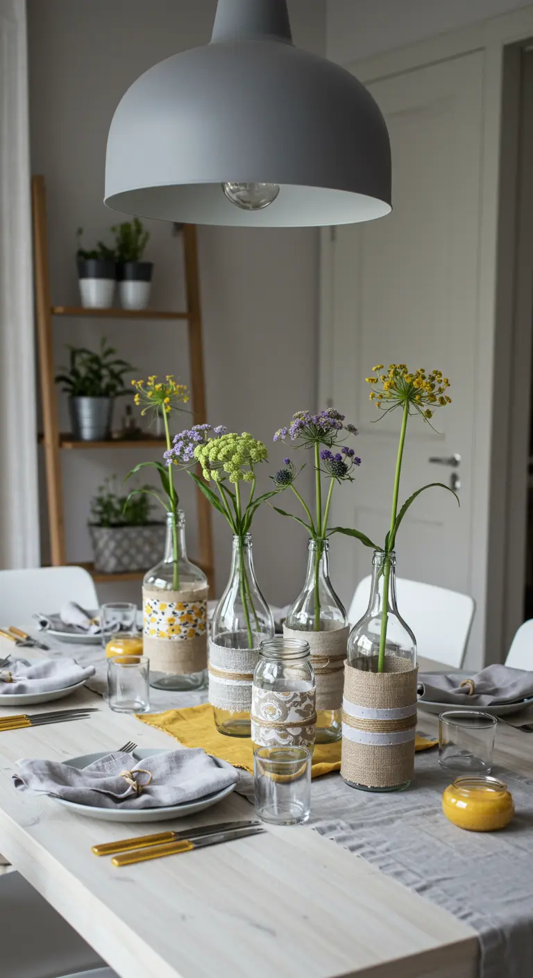 Glass bottle vases wrapped in burlap and patterned fabric on a dining table.