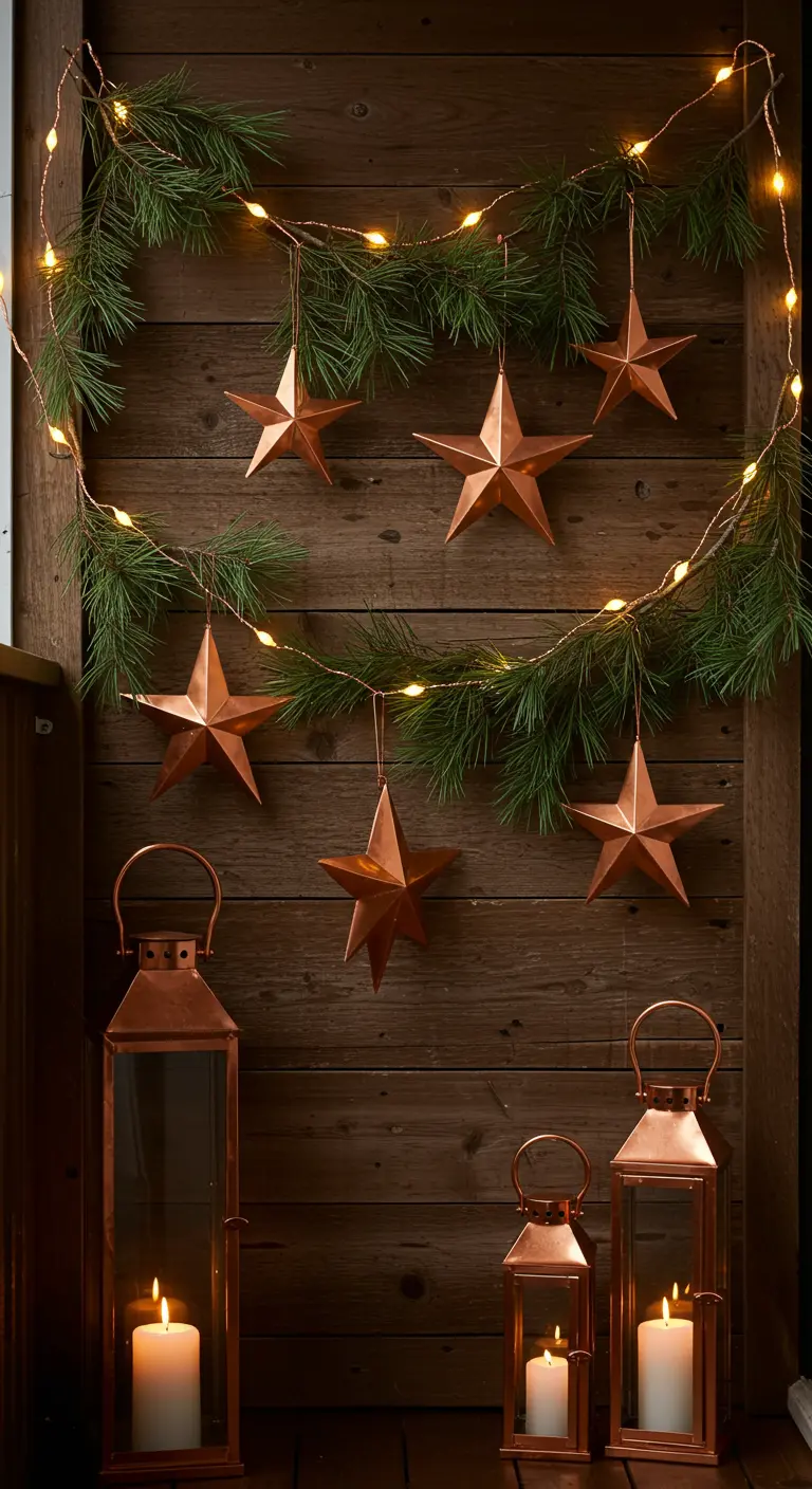 Copper stars and copper lanterns glow against a dark wood wall with pine garland.