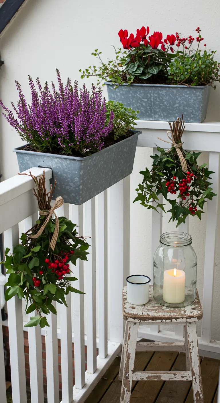 White balcony railing with heather in galvanized planters and hanging berry bunches.