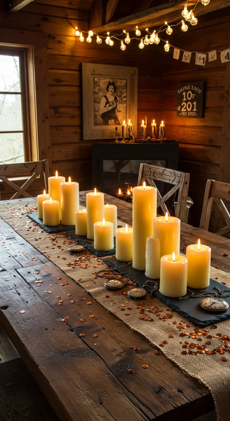 Rustic wood table with pillar candles on slate, a burlap runner, and pocket watches for NYE decor.