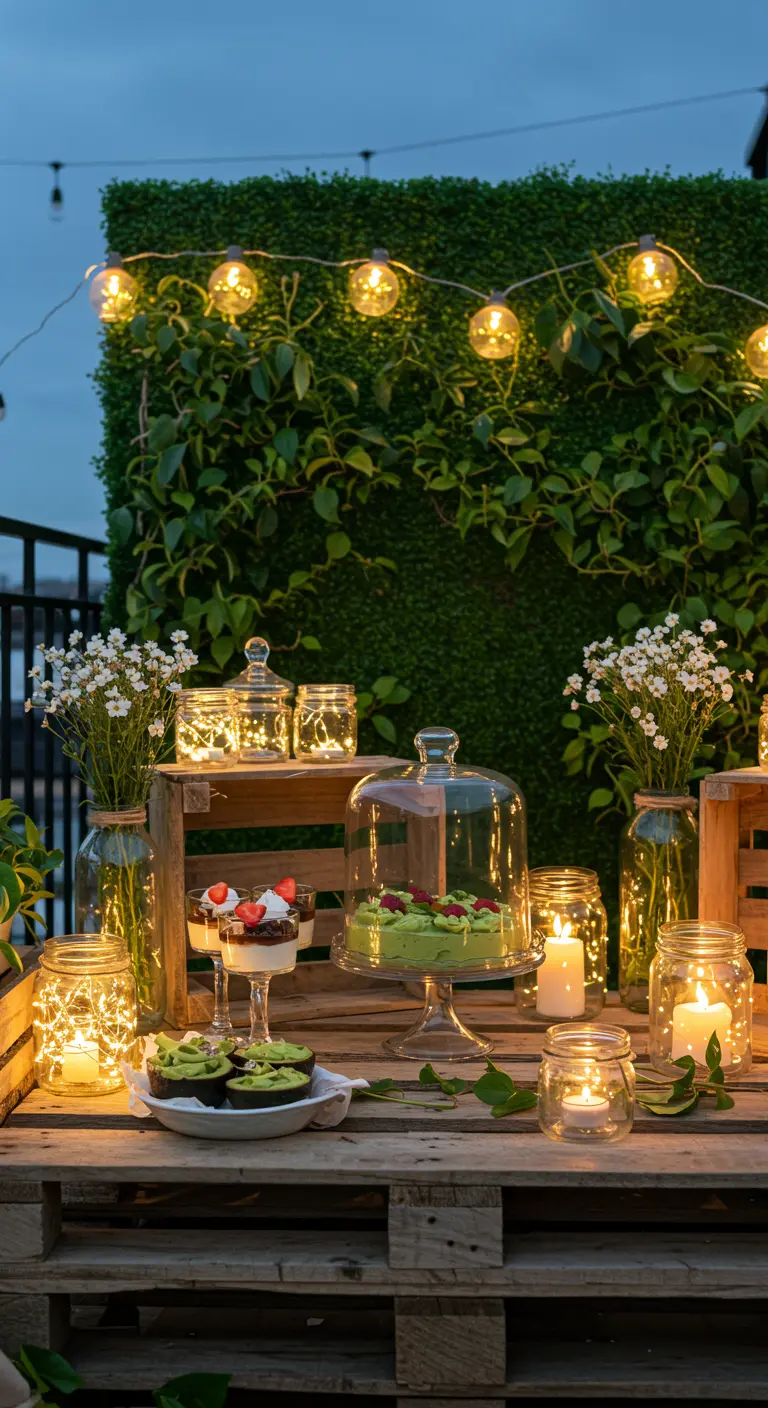 A dessert station on stacked wooden pallets against a green wall, decorated with fairy lights in jars.