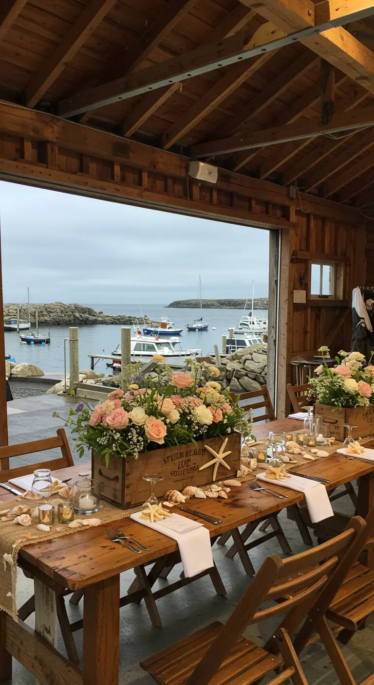 A vintage wooden crate filled with pink and white roses on a reception table by a harbor.