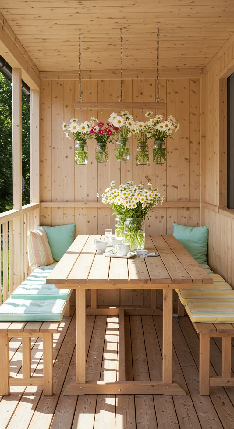 A wooden veranda with a chandelier made of daisies in hanging glass jars.